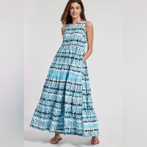 Tyler Boe Multi Striped Tie Dye Sleeveless Rachel Tiered Maxi Dress Blue Medium